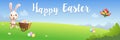 Easter greeting card - bunny carrying cart with decorated eggs on spring landscape - banner vector illustration