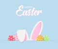 Easter greeting card with bunny ears and eggs on a blue background. Vector . Easter greeting card Royalty Free Stock Photo