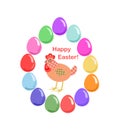 Easter greeting card with colorful painted glass eggs frame and funny hen in patchwork style Royalty Free Stock Photo