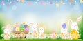 Easter greeting card,Cute Bunny hunting Easter Eggs on grass field on sunny day Spring,Vector Cute cartoon rabbits and hunny bees