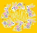 Easter greeting card with cute rabbits and spring flowers. Elegant vector illustration of playful bunnies with flowers