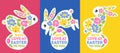 Easter greeting card with cute rabbits and spring flowers. Vector illustration of bunnies with flowers and easter eggs