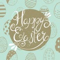 Easter greeting card with easter eggs doodles. Hand lettering. V