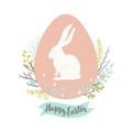 Easter Greeting Card with egg, floral wreath, rabbit and hand drawn lettering on white background. Royalty Free Stock Photo