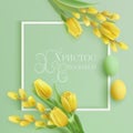 Easter greeting card with frame, willow, tulips