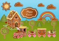 Easter greeting card with gingerbread house, gingerbread train and candies