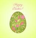 Easter greeting card with painted green egg with decorative floral ornament Royalty Free Stock Photo