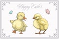 Easter Greeting Card with Hand Drawn Cute Duckling and Chicken Vector Illustration. Little Birds Abstract Sketch. Spring