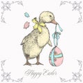 Easter Greeting Card with Hand Drawn Cute Duckling Vector Illustration. Little Duck holding Gift Egg Abstract Sketch