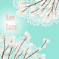 Easter greeting card - hand drawn illustration with doilies and pussy-willow