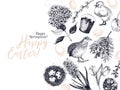 Easter greeting card. Hand drawn vector banner. Eggs, nest, cake, willow branch, quail, hydrangea, tulip, mimosa Royalty Free Stock Photo