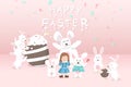 Easter, greeting card holiday, rabbits celebrate carnival party with girl, confetti falling, pastel concept, cute cartoon