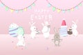 Easter, greeting card holiday, rabbits decorate the room for celebrate party with ornate egg fancy, cute bunny cartoon invitation Royalty Free Stock Photo