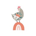 Easter greeting card, invitation with rainbow and hen isolated on white background. Farm bird, chicken with floral decor