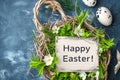 Easter greeting card nestled in basket with eggs and spring flowers Royalty Free Stock Photo