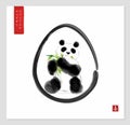 Easter greeting card in oriental style with panda eating bamboo leaves. Traditional oriental ink painting sumi-e, u-sin Royalty Free Stock Photo