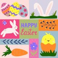 Easter greeting card or poster with eggs, chick, bunny, carrot and flowers, doodle style vector