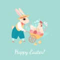 Easter greeting card with a rabbit carrying a wheelbarrow with flowers, chicken and painted eggs