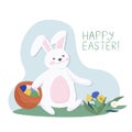 Easter greeting card with a rabbit. Cute bunny carrying a gift basket with a colored egg. Holiday symbols. Vector illustration Royalty Free Stock Photo