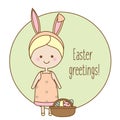 Easter greeting card, seasonal background. Cute smiling girl with bunny ears and eggs in basket Royalty Free Stock Photo