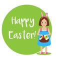 Easter greeting card, seasonal background. Cute smiling girl with bunny ears and eggs in basket Royalty Free Stock Photo