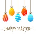 Easter greeting card with set of color hanging eggs isolated on white