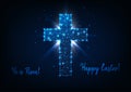 Easter greeting card with shining low poly cross, rays, stars, and text He is risen and Happy Easter Royalty Free Stock Photo