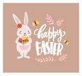 Easter greeting card template with funny adorable bunny or rabbit holding bouquet of gorgeous spring flowers and holiday