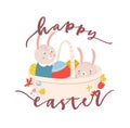 Easter greeting card template with pair of adorable bunnies or rabbits hiding in basket full of decorated eggs and