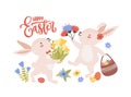 Easter greeting card template with pair of cute funny bunnies or rabbits collecting spring flowers and eggs and holiday