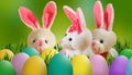 Easter greeting card on which Easter eggs, a rabbits and a chicken with beautiful flowers in the background Royalty Free Stock Photo