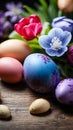 Easter greeting with colorful eggs and flowers