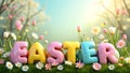 Easter Greeting with Colorful Letters and Flowers. Springtime Celebration Royalty Free Stock Photo