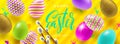 Easter greeting illustration. Brush calligraphy greeting, multicolored painted eggs.