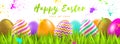 Easter greeting illustration. Calligraphic Easter greeting, multicolored painted holiday eggs on the grass.