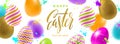 Easter greeting illustration. Glitter gold Easter greeting, multicolored painted holiday eggs and colorful blots and spray of pain