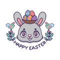 Easter greeting of a jolly bunny with a basket of eggs on their head