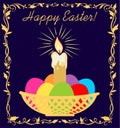 Easter greeting navy blue card with golden candle and rays, basket with painted eggs and floral vignette