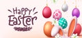 Easter greeting vector background design. Happy easter typography text with bunny ears and colorful eggs in hanging decoration. Royalty Free Stock Photo