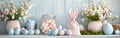 Easter Greetings: Bunny Ear Fabric Gift Bag with Eggs on White Table for Festive Decoration & Celebration - Happy Easter Royalty Free Stock Photo