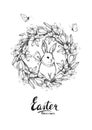 Easter greetings card design with handdrawn bunny in crocus wreath