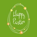 Easter greetings card. Egg frame with scribble lines. Lettering with colorful paper flowers on green background. Royalty Free Stock Photo