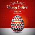 Easter greetings card with red and black gambling symbols over white egg, vector illustration.Suitable for invitations, greeting