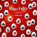 Easter greetings card with red and black gambling symbols over white eggs, vector illustration.Suitable for invitations, greeting