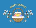Easter greetings card. Wicker basket with bread, eggs, napkin, willow branch. Royalty Free Stock Photo