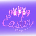 Easter greetings with cartoon snarls of bunnies. A hand lettering vector isolated on a color background.