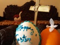 Easter greetings on egg with dove bird cross palm