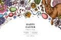 Easter hand drawn illustration design. Background with retro rabbit, eggs, willow branches, etc.