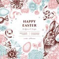 Easter hand drawn illustration design. Background with vintage rabbit, eggs, willow branches, etc.