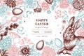 Easter hand drawn illustration design. Background with vintage rabbit, eggs, willow branches, etc.